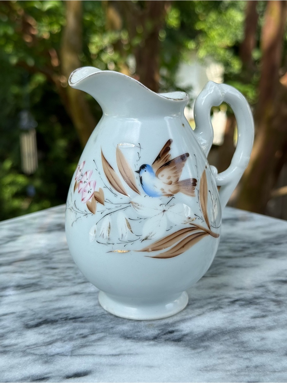 Rare Antique Porcelain Bluebird Pitcher for creamer, gravy, syrup - unmarked